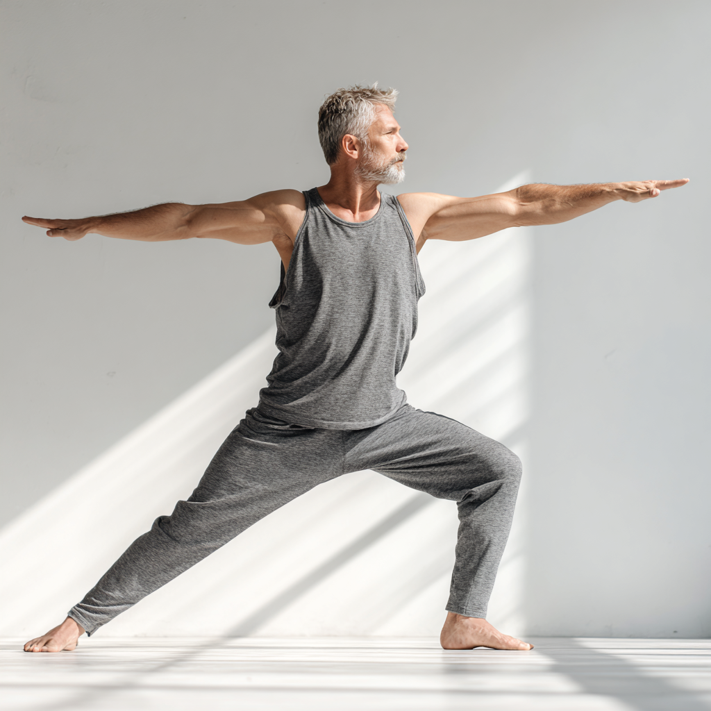 Mature man in his 50s practicing yoga warrior pose in a bright studio space, demonstrating strength and balance, wearing comfortable gray activewear with natural lighting