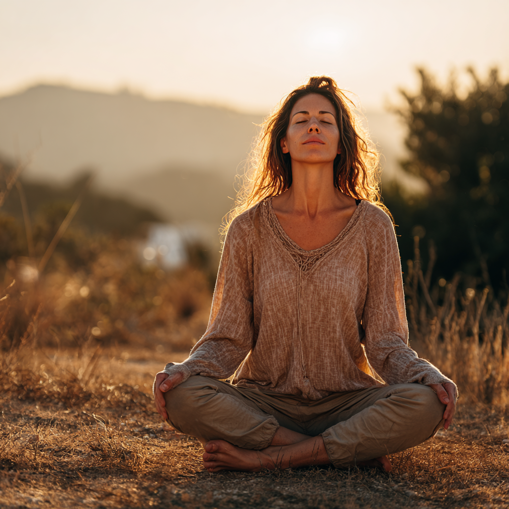 Peaceful woman in her 40s practicing yoga meditation in a serene natural setting, sitting cross-legged with eyes closed, wearing comfortable earth-tone clothing in soft morning light